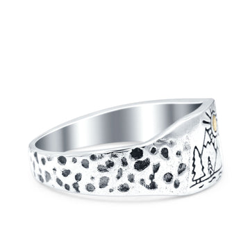 Mountains, Trees Sun Oxidized Band Solid 925 Sterling Silver Thumb Ring (8mm)